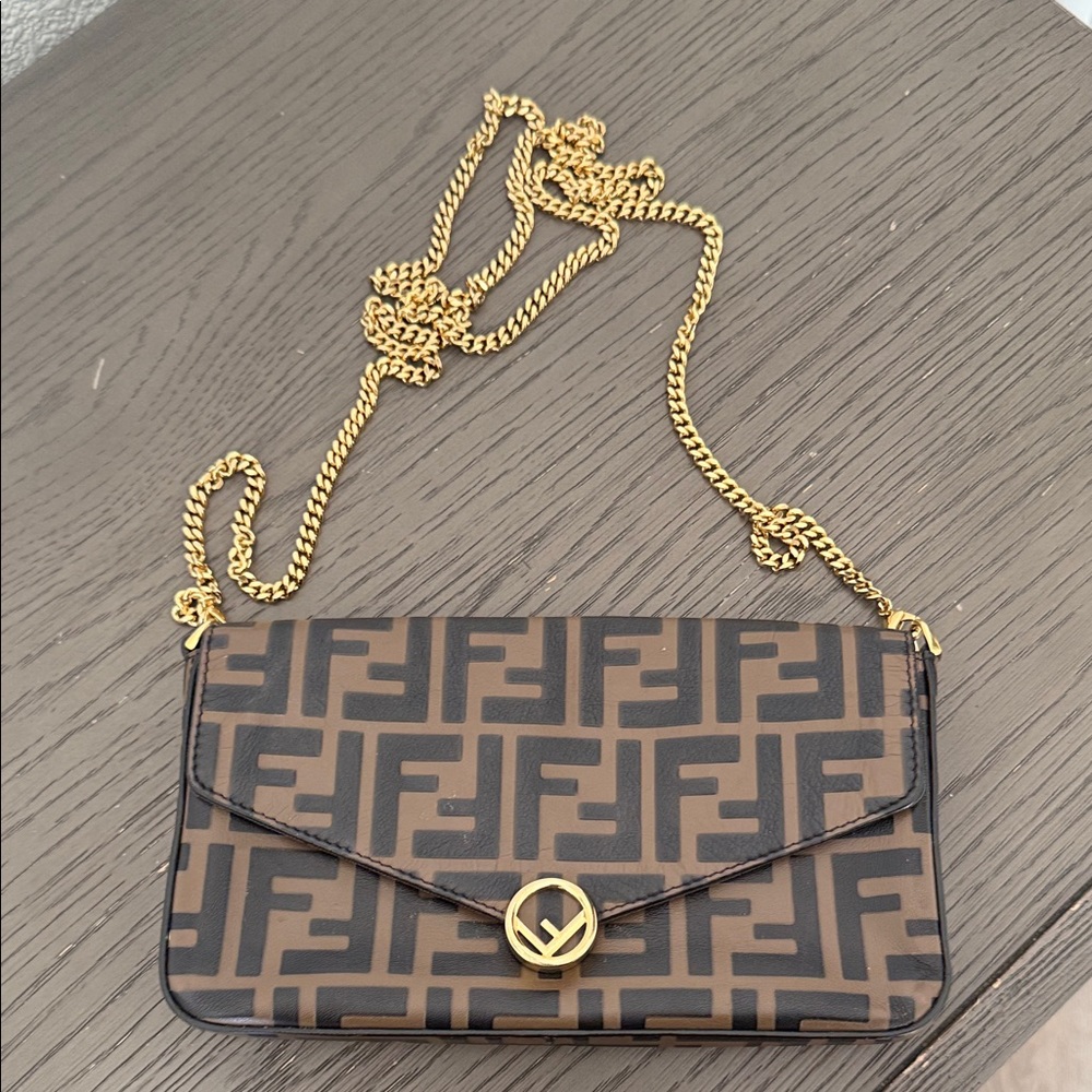 Fendi Black and Brown Clutch with Gold Chain